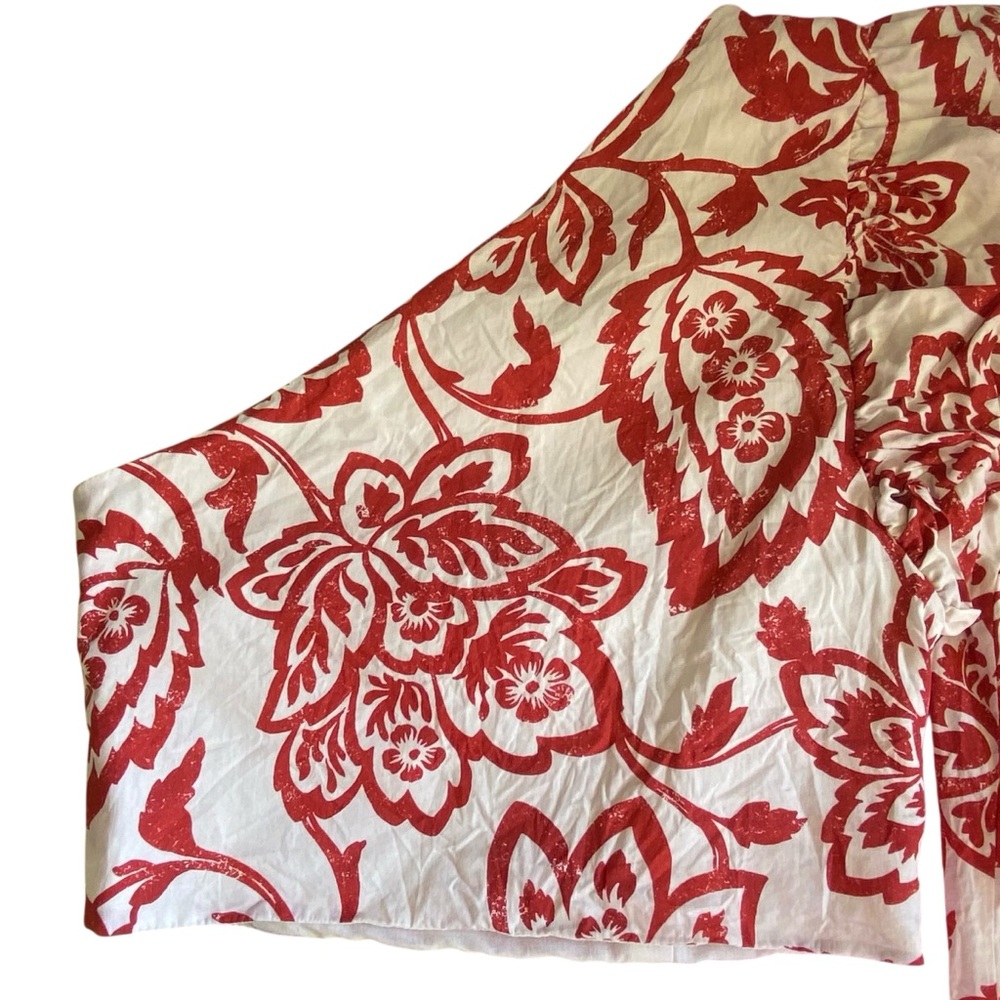 Zara One Shoulder Floral Cropped Top Size Large Red And Cream Ruffle Shoulder - Picture 7 of 9
